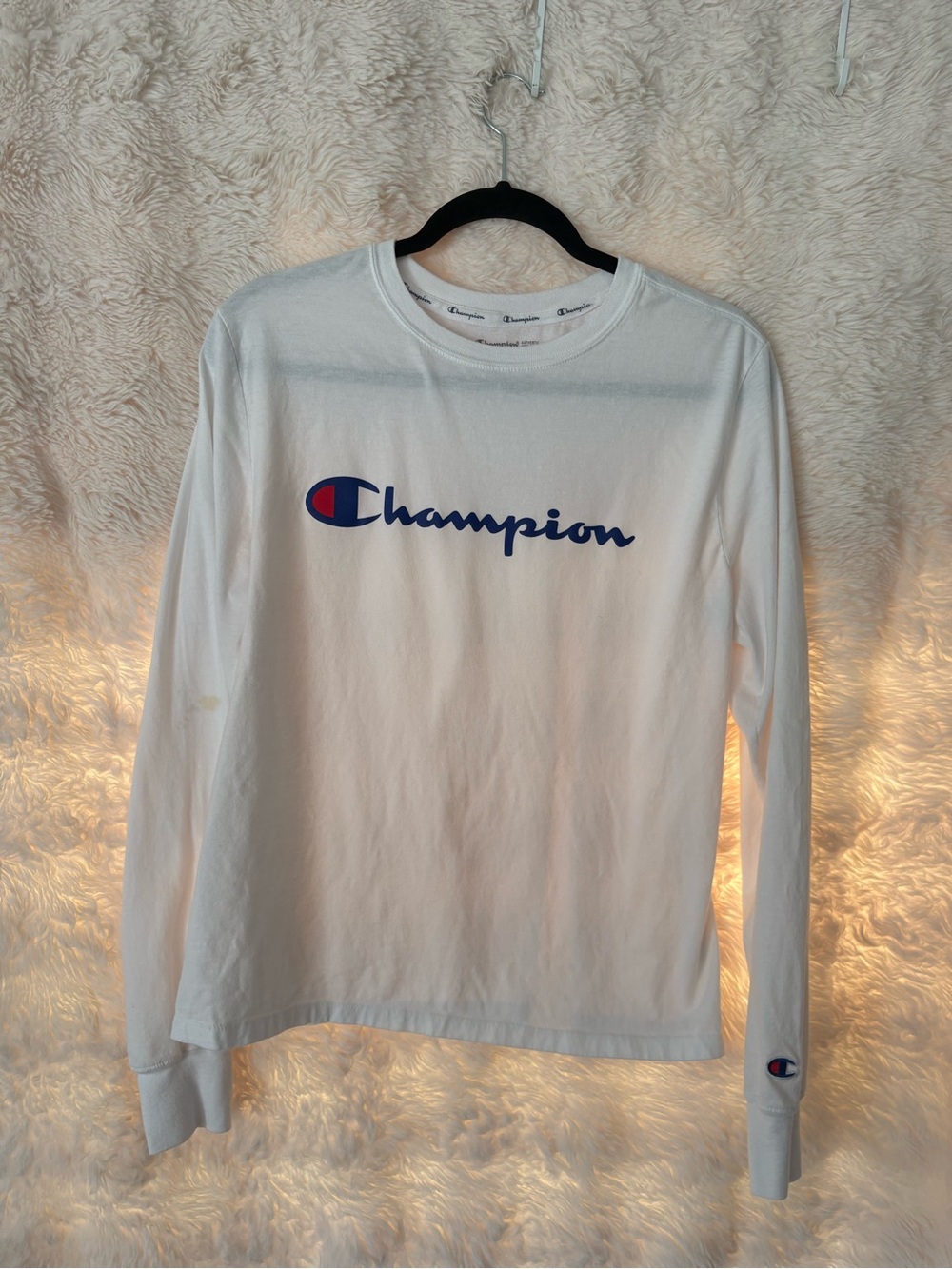 Champion White Long Sleeve Tee with Blue Logo